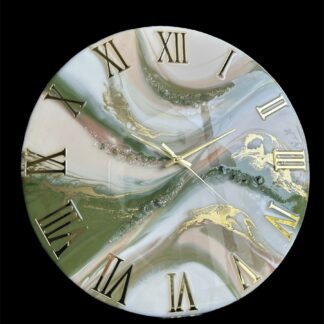 Horloge en résine époxy, 50cm, tons verts, beiges, blanc