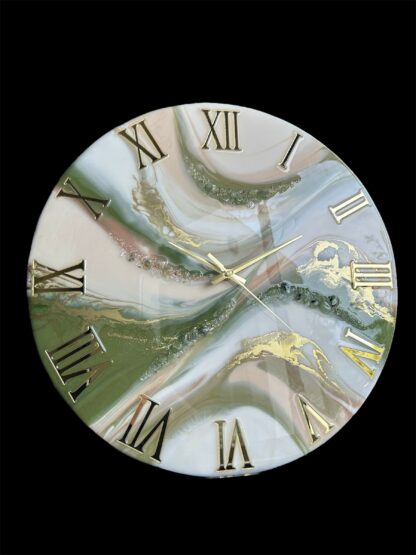 Horloge en résine époxy, 50cm, tons verts, beiges, blanc