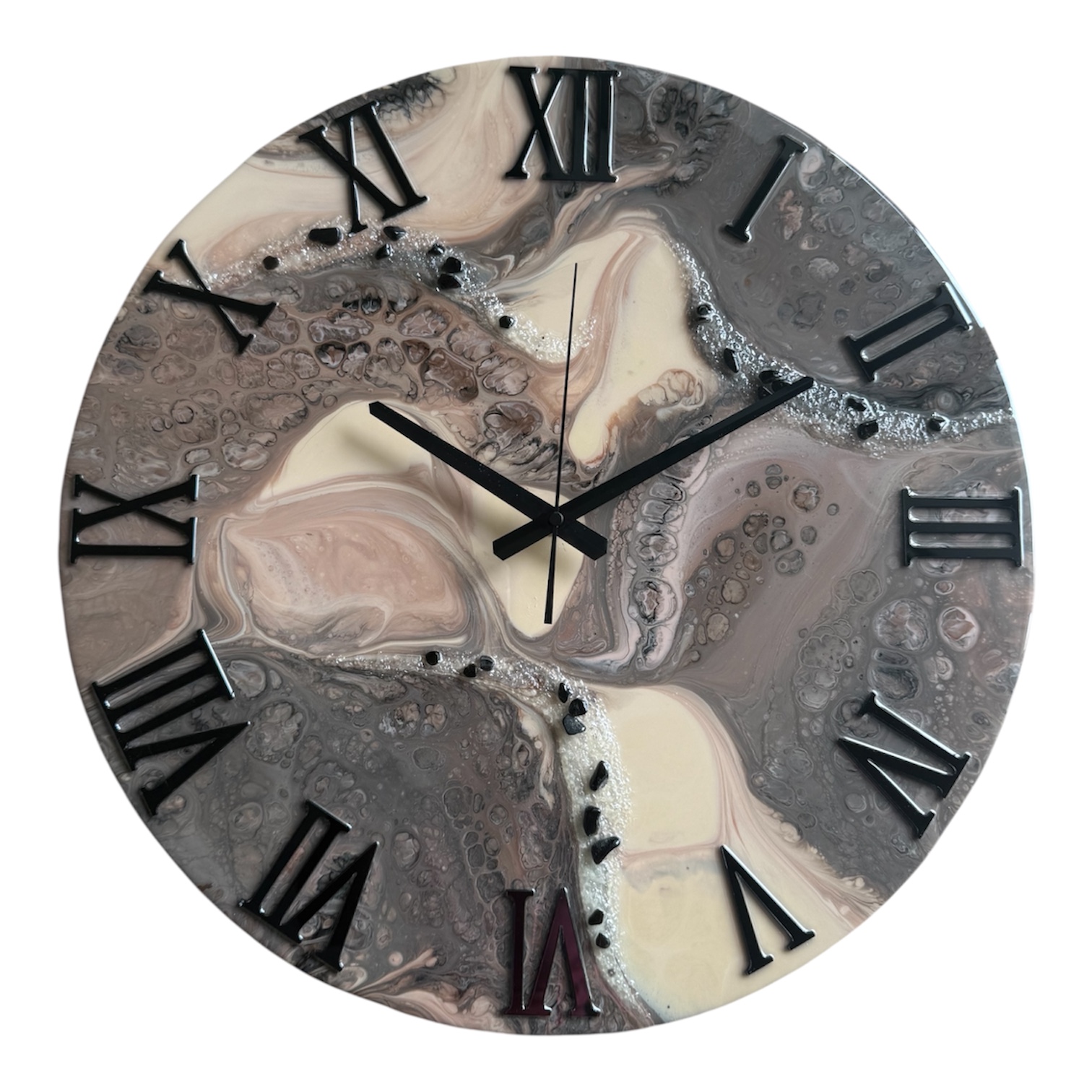 Horloge murale 50cm, tons brun à beige, finitions noires