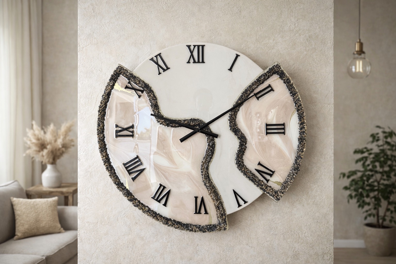 Horloge murale déstructurée, 70cm, beige, blanc, noir, or