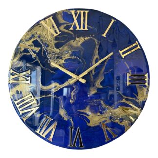 Horloge murale, tons indigo, bleu nuit et or, 50cm
