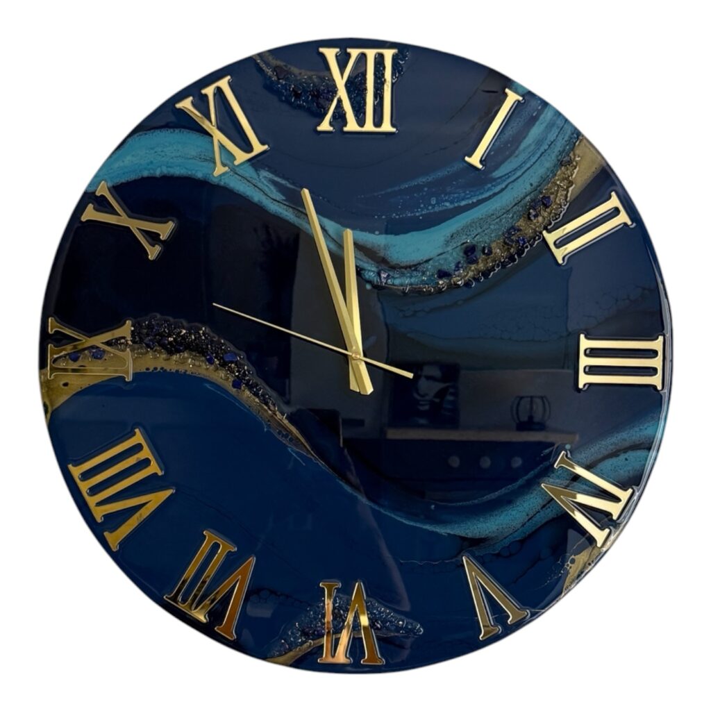 Horloge murale 55cm, tons bleus et or