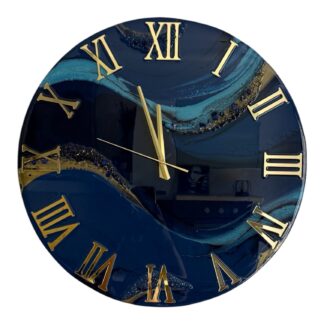 Horloge murale 55cm, tons bleus et or