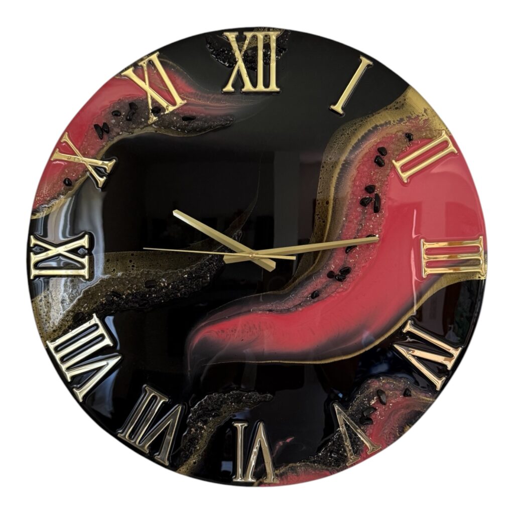 Horloge murale 55cm, tons noir, rose et or
