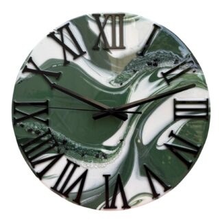 Horloge murale 35cm, tons vert forêt, blanc et noir