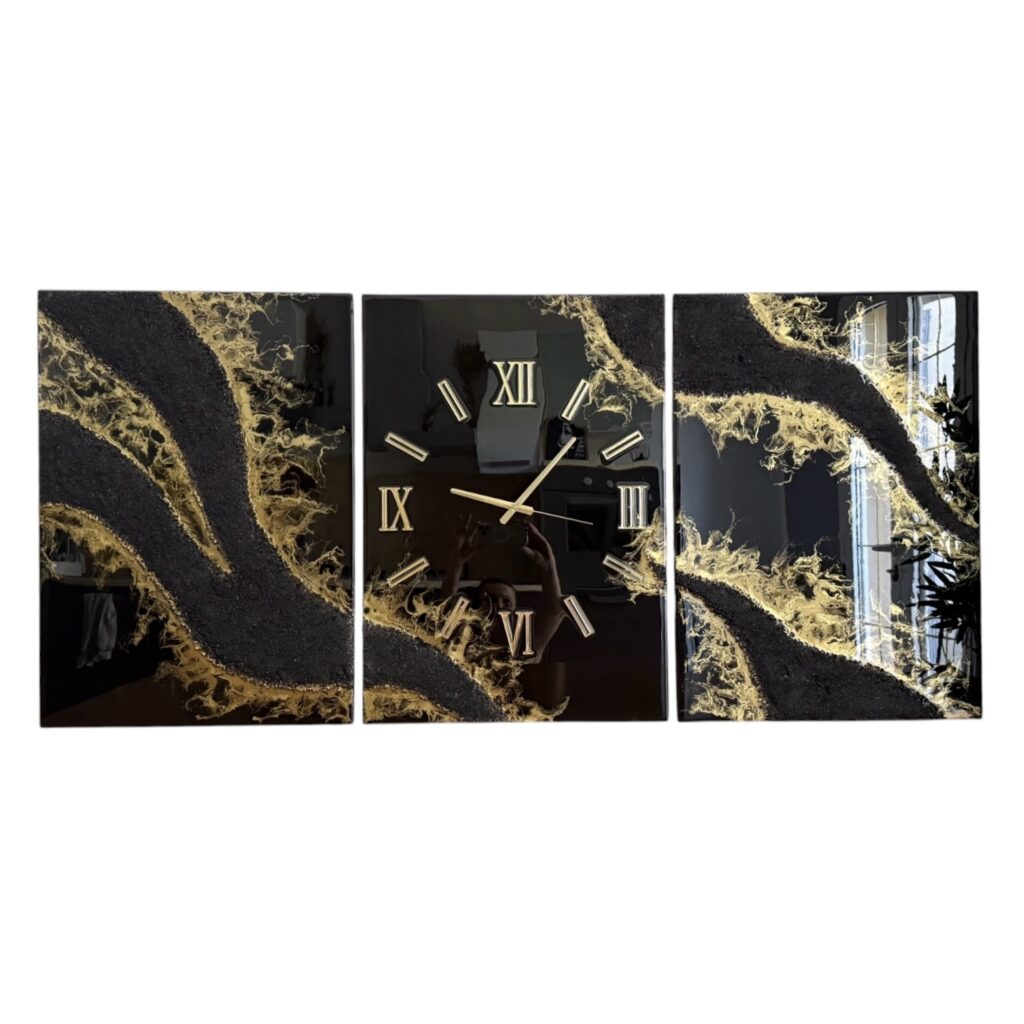 Horloge murale Triptyque, 3x 50x70cm, tons noir et or