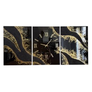 Horloge murale Triptyque, 3x 50x70cm, tons noir et or