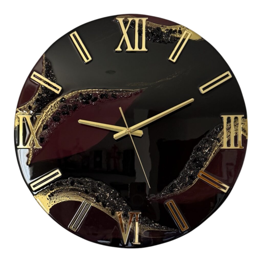 Horloge murale 50cm, tons noir, prune et or