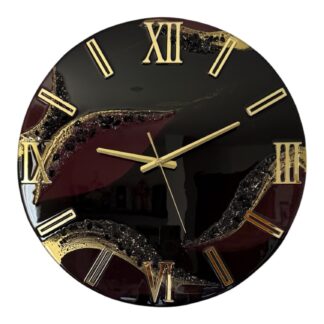 Horloge murale 50cm, tons noir, prune et or
