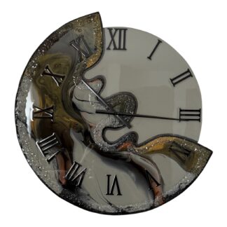 Horloge déstructurée 70cm, tons gris béton, ocre, oxyde de fer et noir